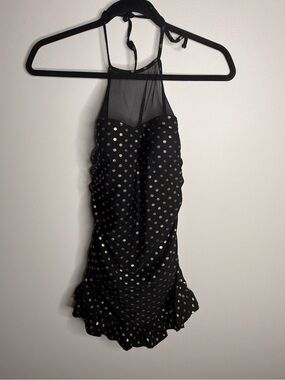 Betsey Johnson Black Halter one piece swimsuit with Gold Polka Dots size small